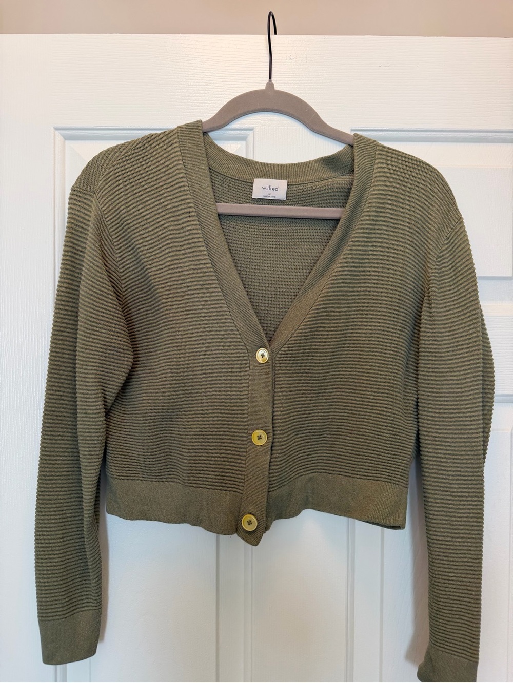 Aritzia Olive Green Ribbed V‑Neck Button Cropped Cardigan